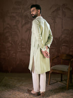 Men Green Silk Blend Solid Embroidered Straight Kurta-MKU1787