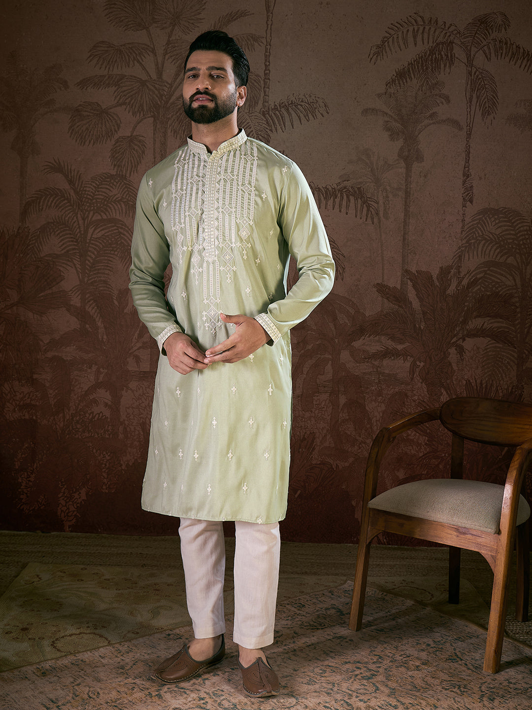 Men Green Silk Blend Solid Embroidered Straight Kurta-MKU1787