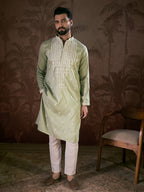 Men Green Silk Blend Solid Embroidered Straight Kurta-MKU1787