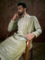 Men Green Silk Blend Solid Embroidered Straight Kurta-MKU1787