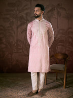 Men Pink Silk Blend Solid Embroidered Straight Kurta-MKU1788