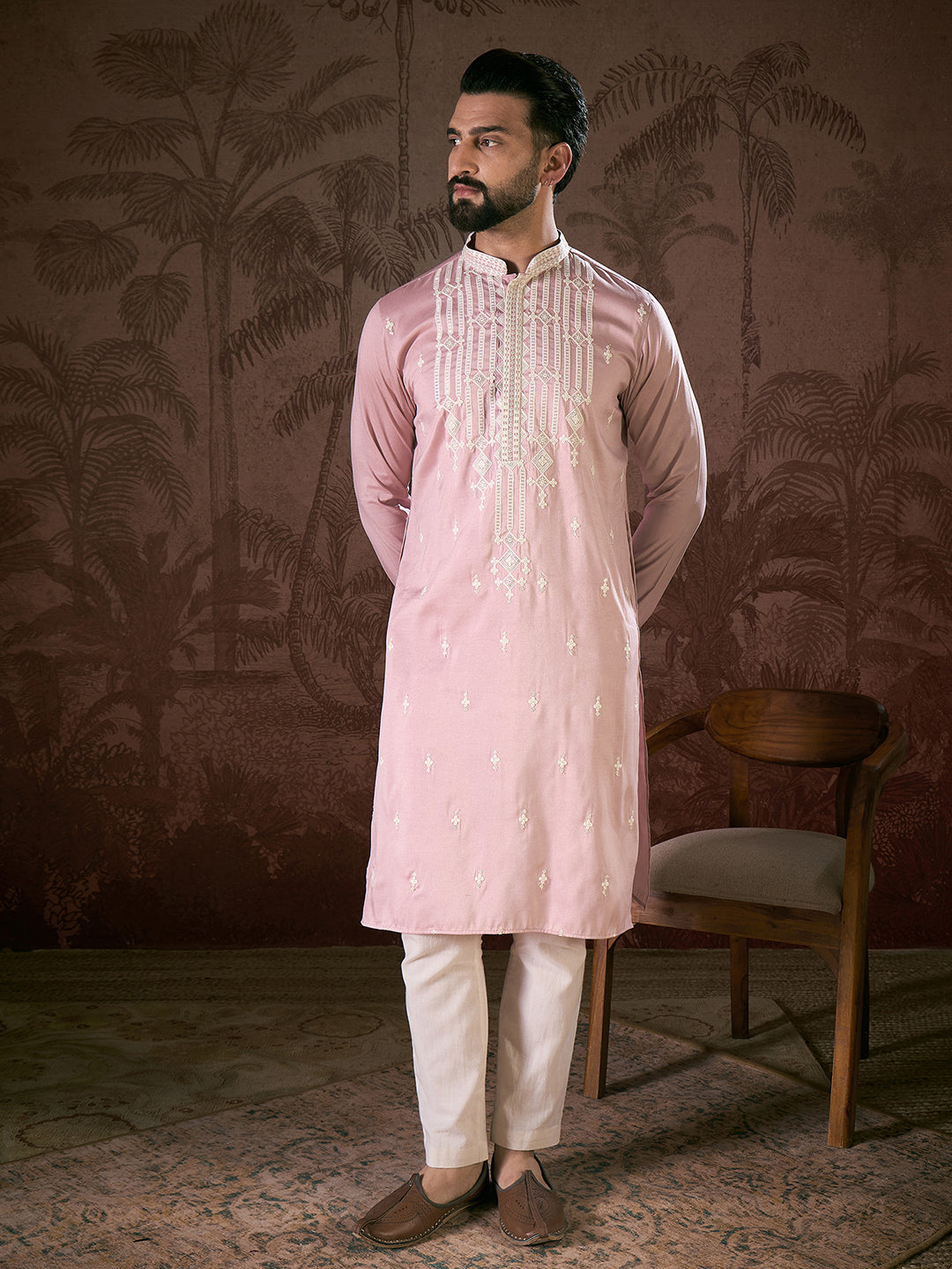 Men Pink Silk Blend Solid Embroidered Straight Kurta-MKU1788