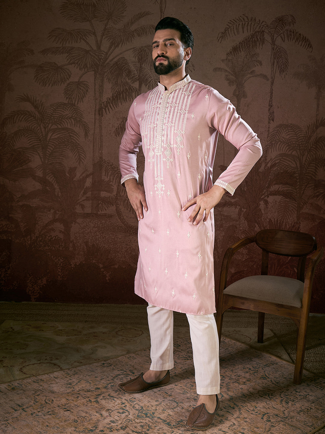 Men Pink Silk Blend Solid Embroidered Straight Kurta-MKU1788
