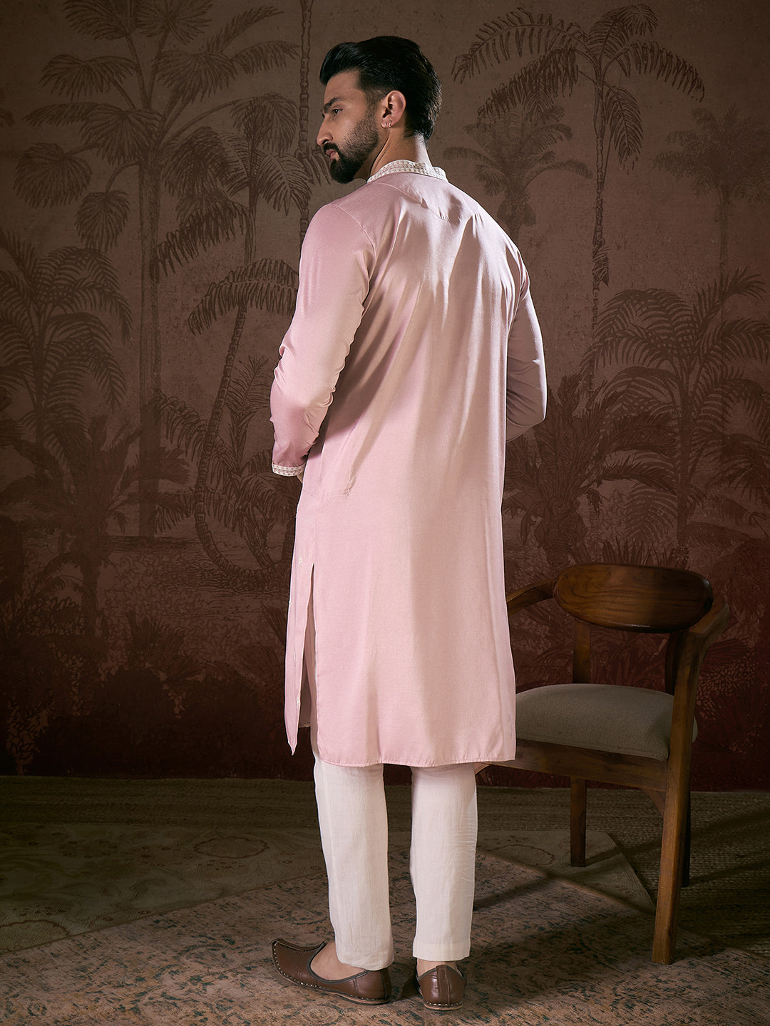 Men Pink Silk Blend Solid Embroidered Straight Kurta-MKU1788