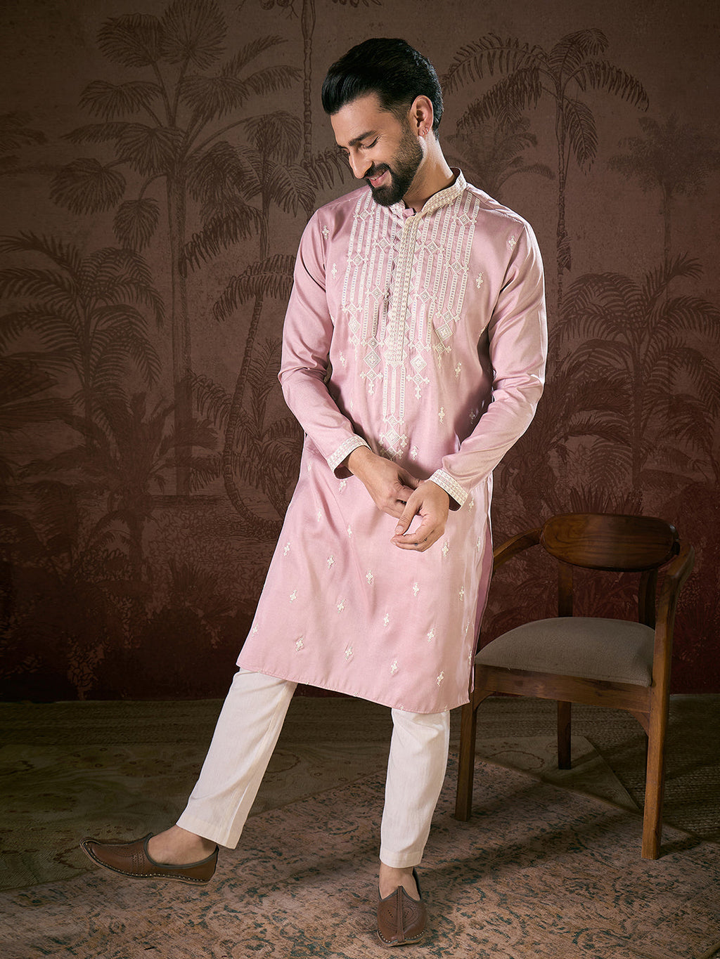 Men Pink Silk Blend Solid Embroidered Straight Kurta-MKU1788