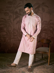Men Pink Silk Blend Solid Embroidered Straight Kurta-MKU1788