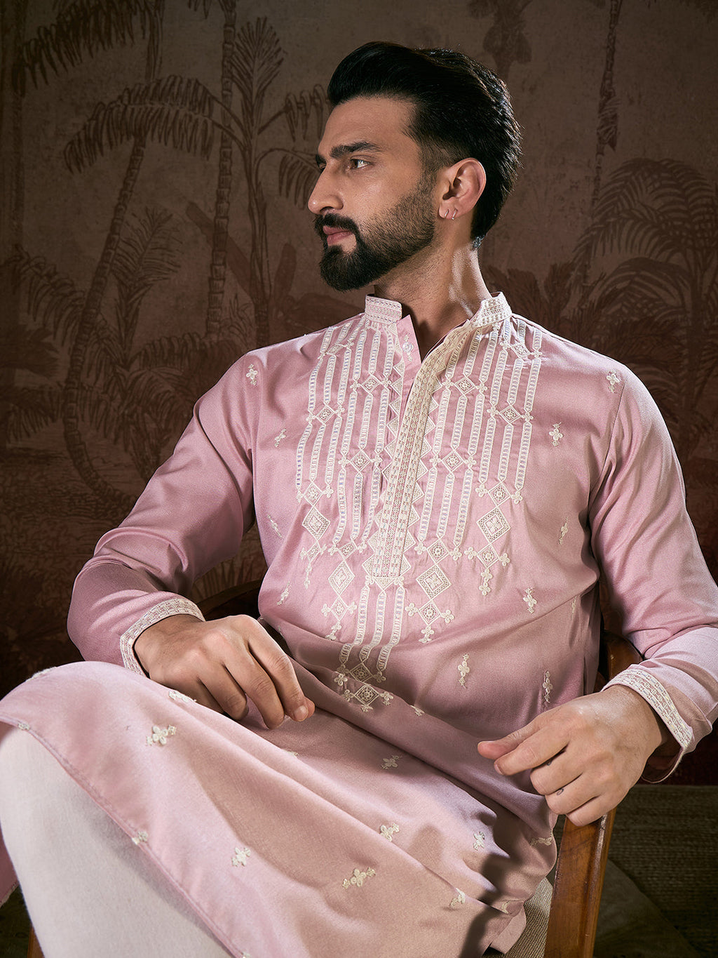 Men Pink Silk Blend Solid Embroidered Straight Kurta-MKU1788