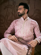 Men Pink Silk Blend Solid Embroidered Straight Kurta-MKU1788