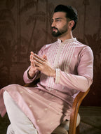 Men Pink Silk Blend Solid Embroidered Straight Kurta-MKU1788