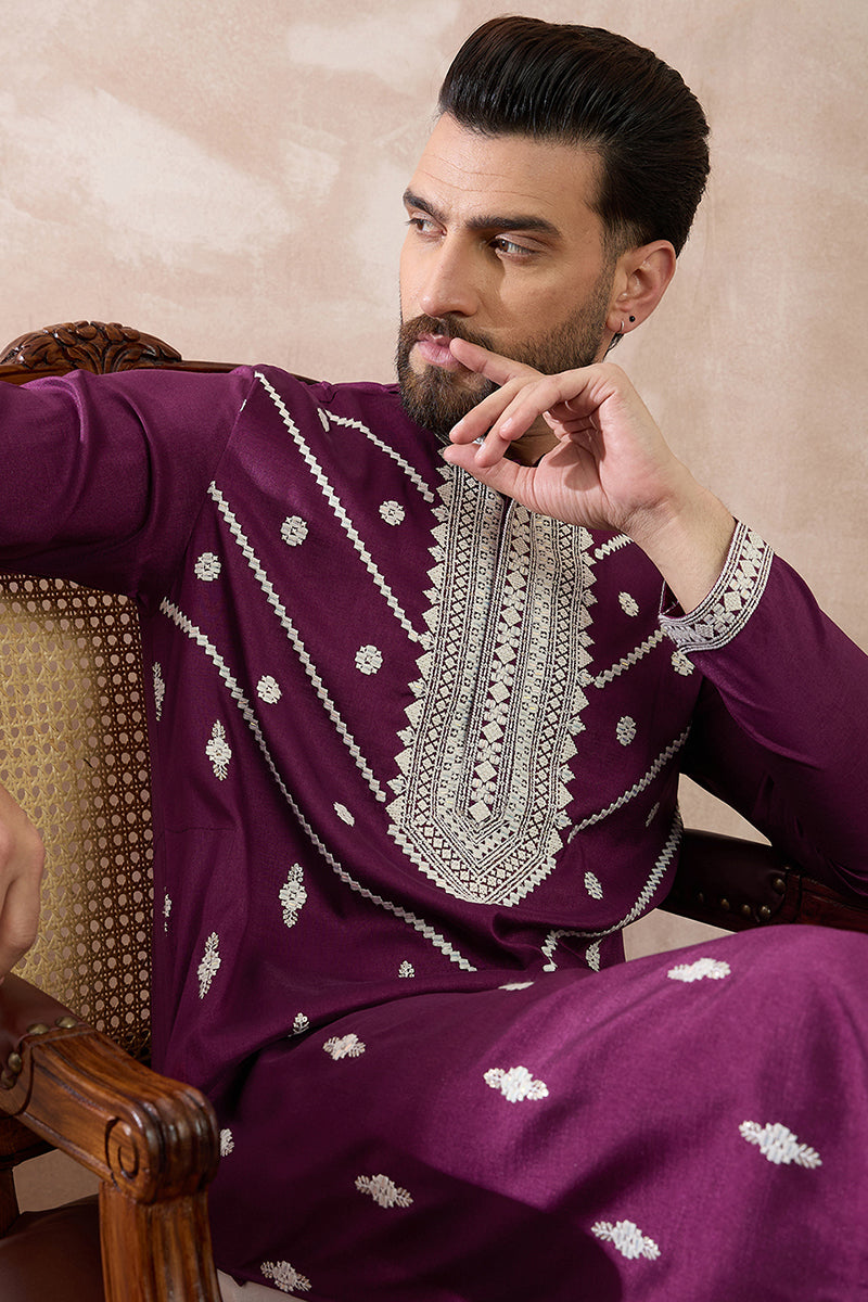 Purple Silk Embroidered Mandarin Collar Straight Kurta MKU1789