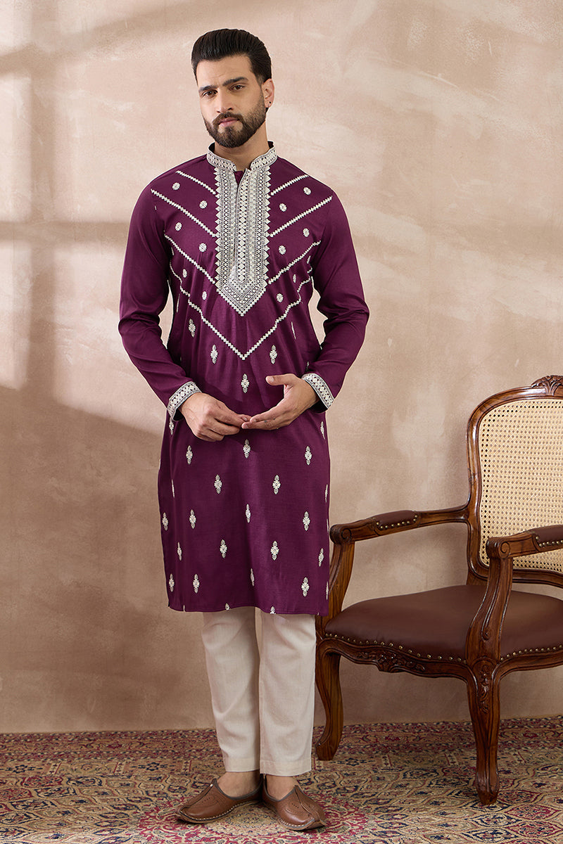 Purple Silk Embroidered Mandarin Collar Straight Kurta MKU1789