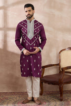 Purple Silk Embroidered Mandarin Collar Straight Kurta MKU1789