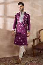 Purple Silk Embroidered Mandarin Collar Straight Kurta MKU1789