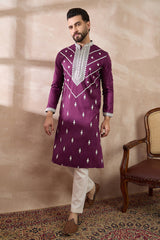 Purple Silk Embroidered Mandarin Collar Straight Kurta MKU1789