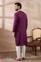 Purple Silk Embroidered Mandarin Collar Straight Kurta MKU1789