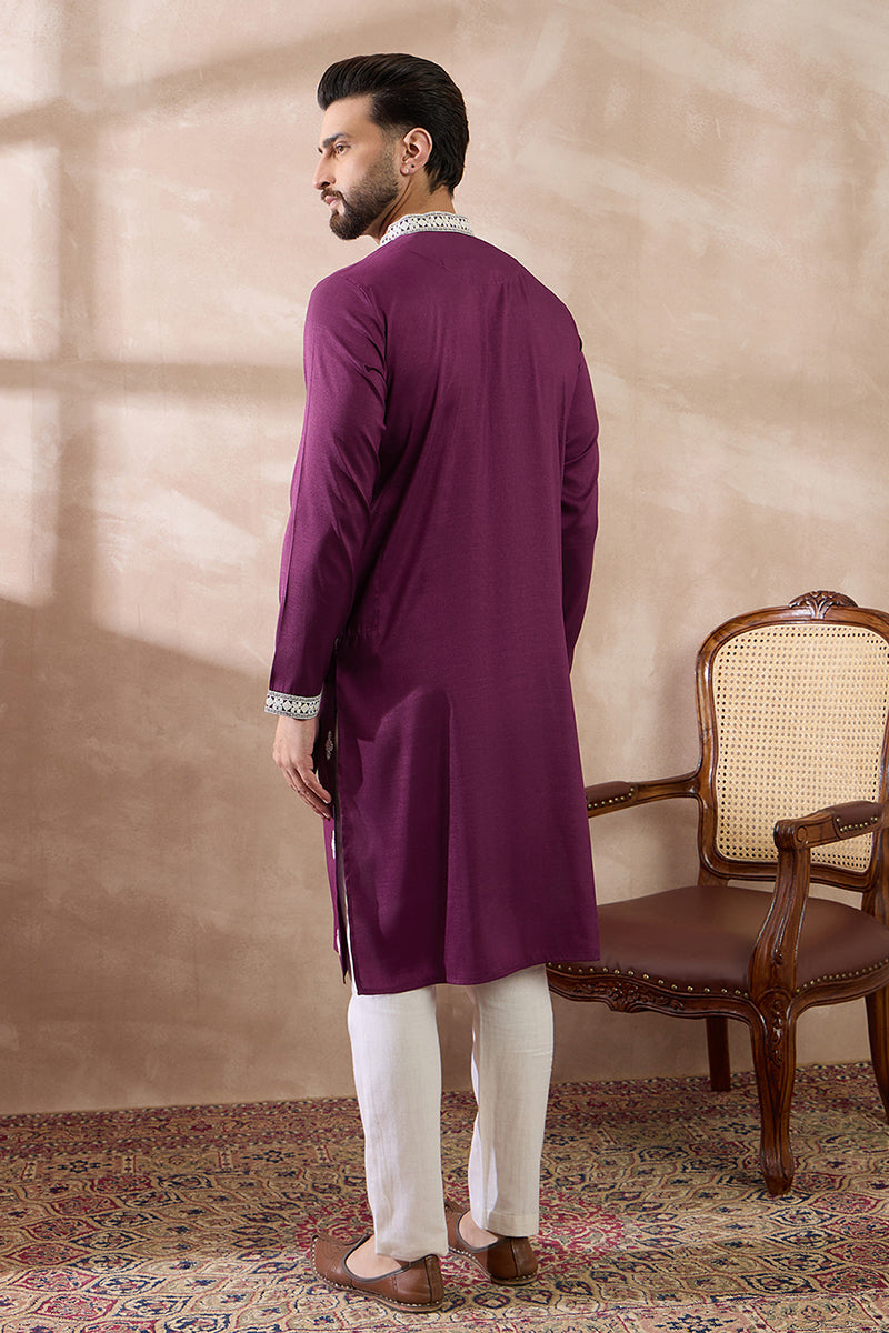 Purple Silk Embroidered Mandarin Collar Straight Kurta MKU1789