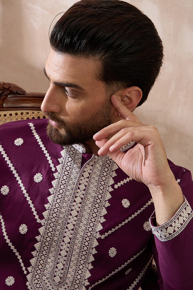 Purple Silk Embroidered Mandarin Collar Straight Kurta MKU1789