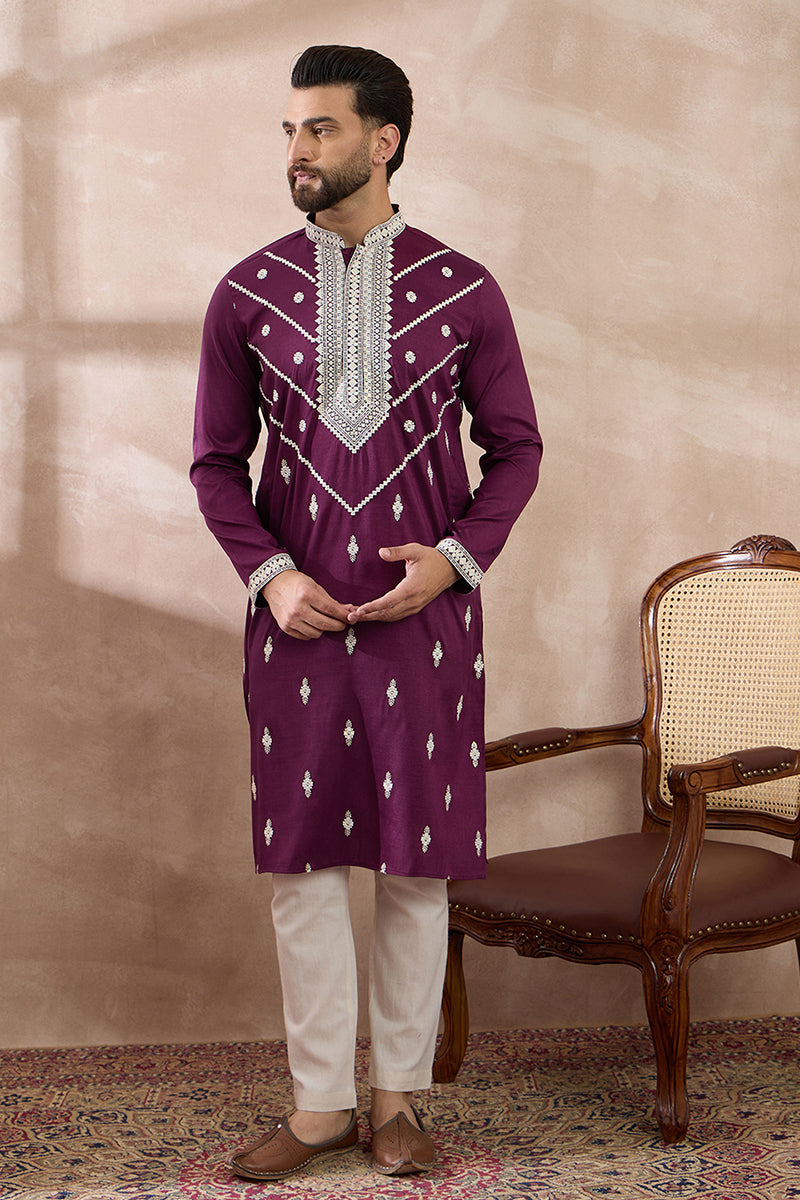 Purple Silk Embroidered Mandarin Collar Straight Kurta MKU1789
