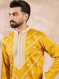 Men Yellow Silk Blend Ethnic Motifs Embroidered Straight Kurta-MKU1790
