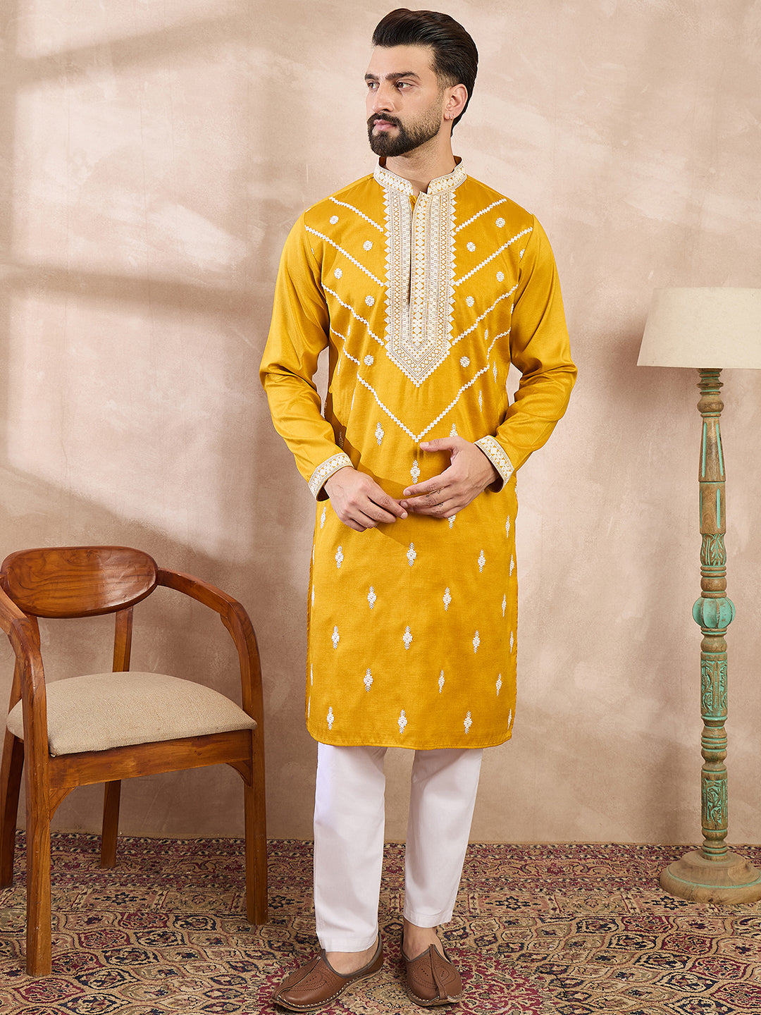 Men Yellow Silk Blend Ethnic Motifs Embroidered Straight Kurta-MKU1790