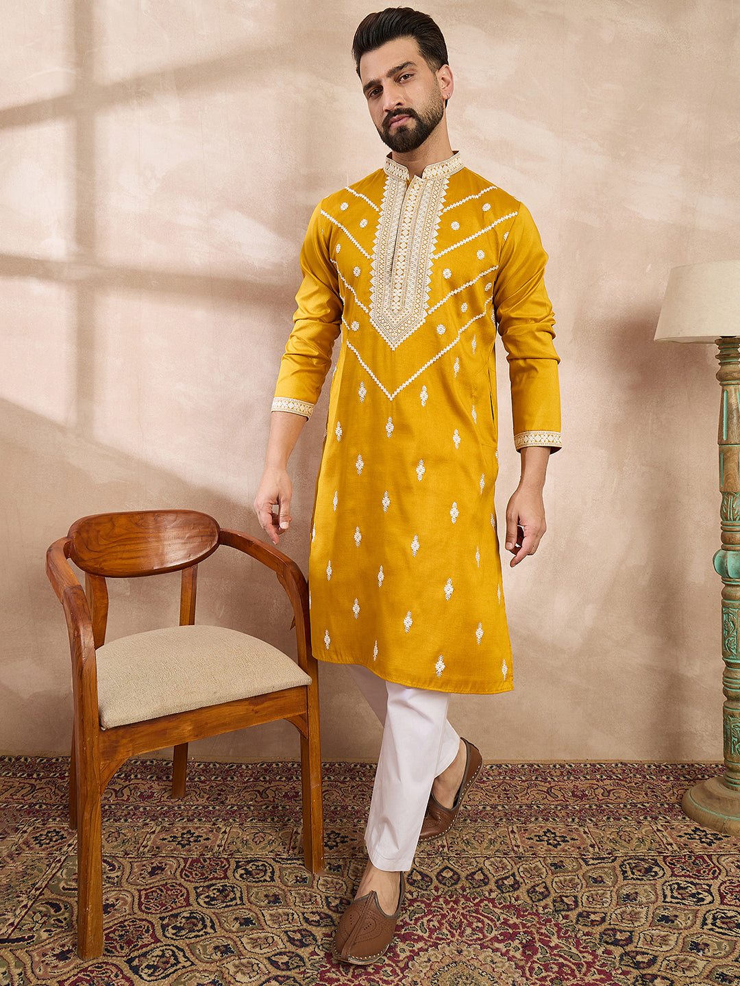 Men Yellow Silk Blend Ethnic Motifs Embroidered Straight Kurta-MKU1790