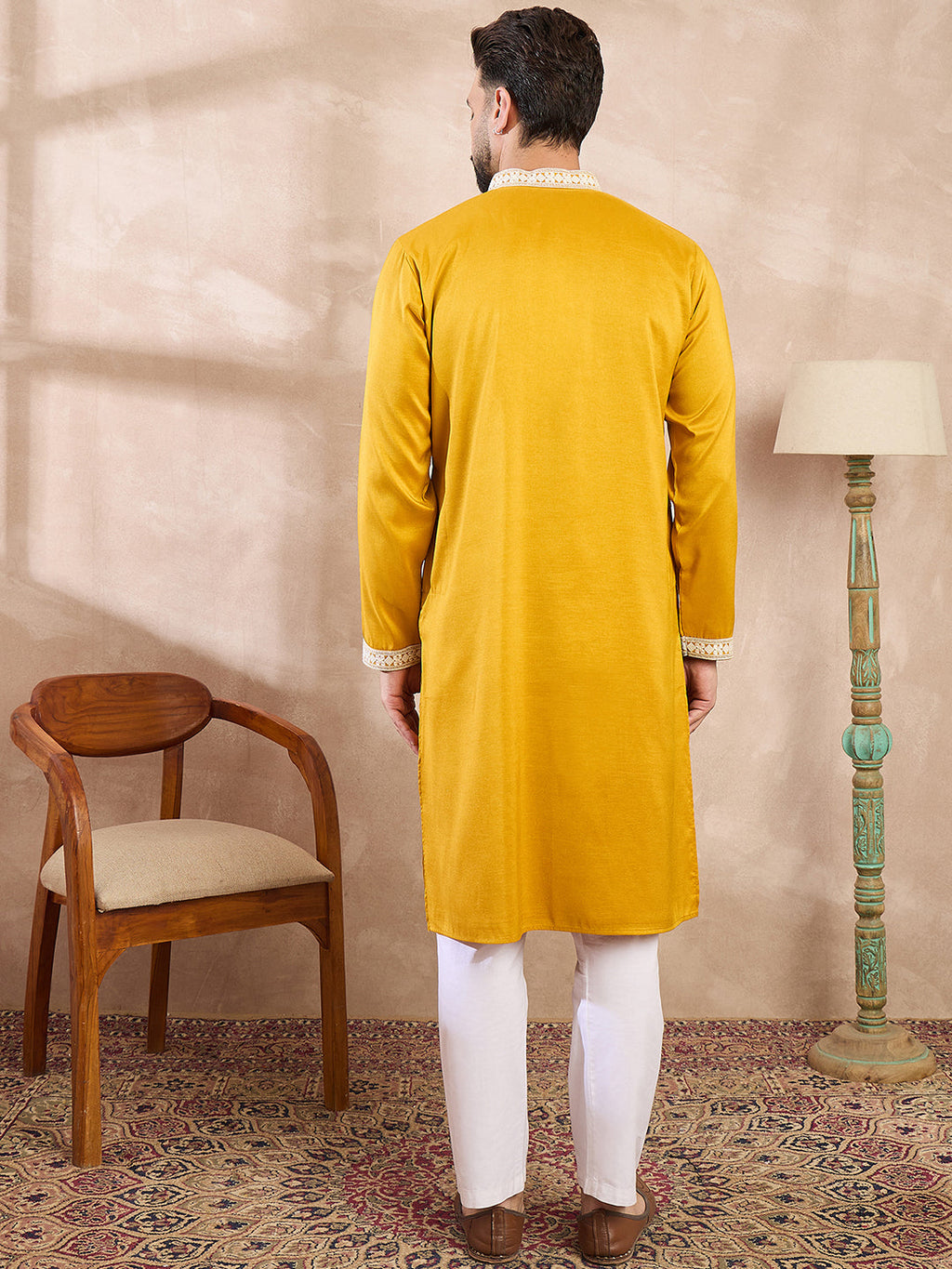Men Yellow Silk Blend Ethnic Motifs Embroidered Straight Kurta-MKU1790