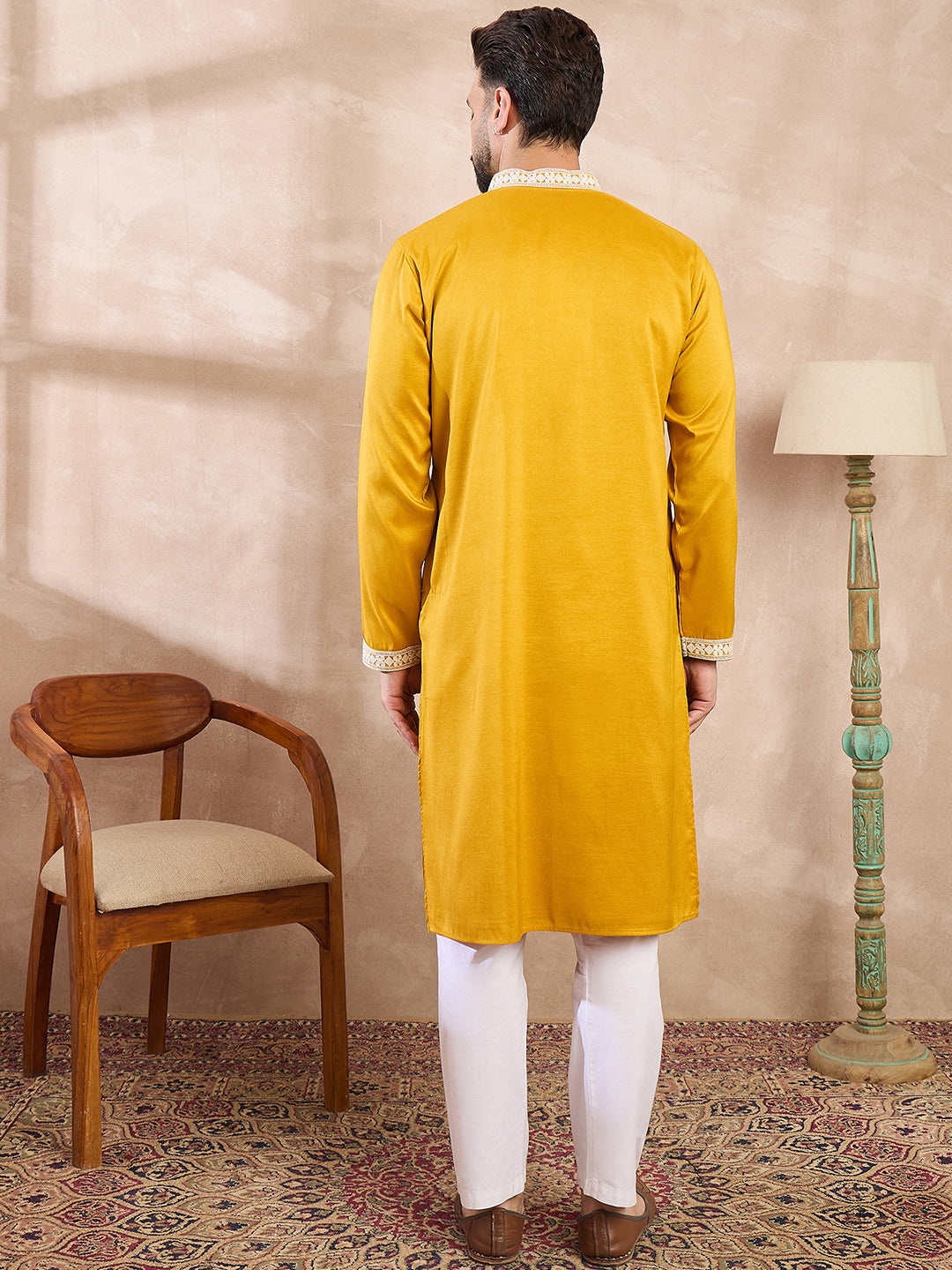 Men Yellow Silk Blend Ethnic Motifs Embroidered Straight Kurta-MKU1790