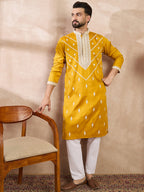 Men Yellow Silk Blend Ethnic Motifs Embroidered Straight Kurta-MKU1790