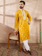 Men Yellow Silk Blend Ethnic Motifs Embroidered Straight Kurta-MKU1790