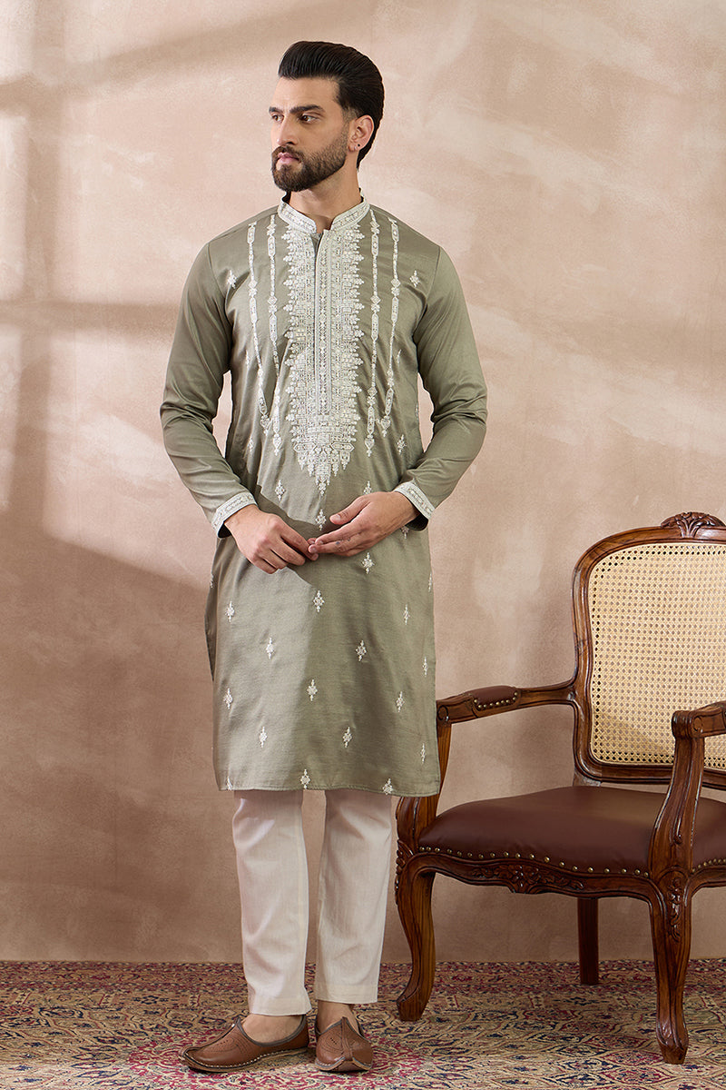 Green Silk Blend Embroidered Mandarin Collar Straight Kurta MKU1791