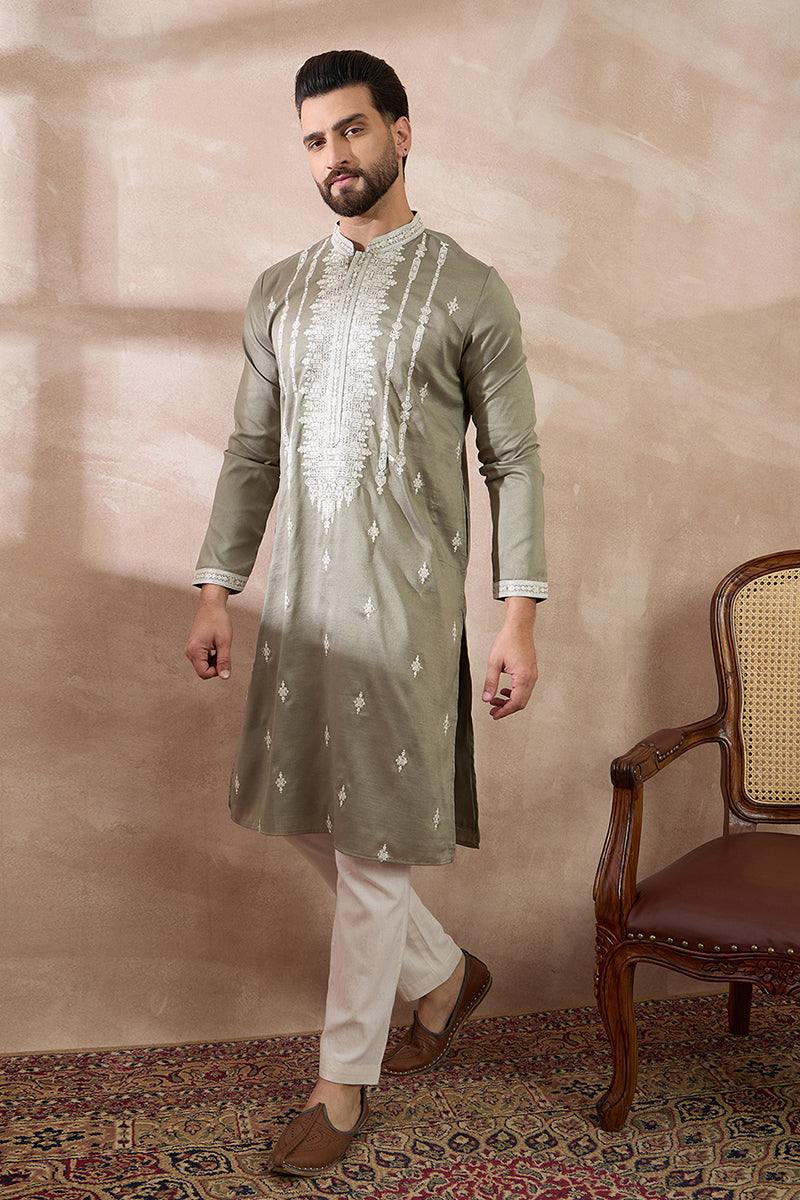 Green Silk Blend Embroidered Mandarin Collar Straight Kurta MKU1791