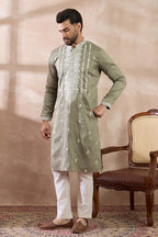 Green Silk Blend Embroidered Mandarin Collar Straight Kurta MKU1791
