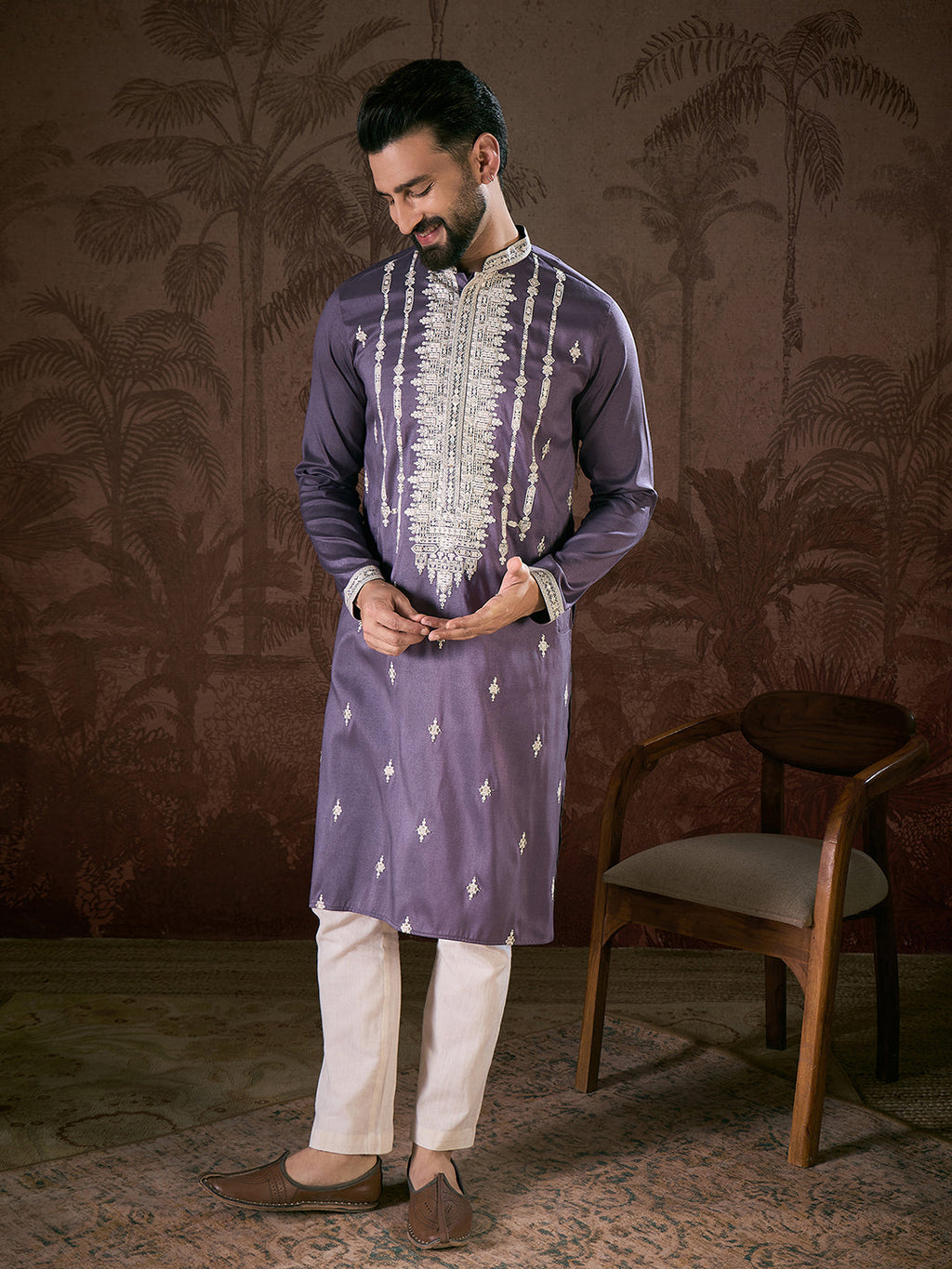 Men Lavender Silk Blend Solid Embroidered Straight Kurta-MKU1792