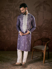 Men Lavender Silk Blend Solid Embroidered Straight Kurta-MKU1792