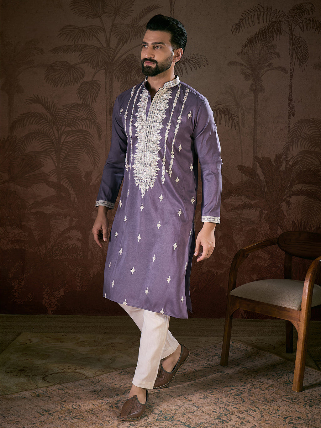 Men Lavender Silk Blend Solid Embroidered Straight Kurta-MKU1792
