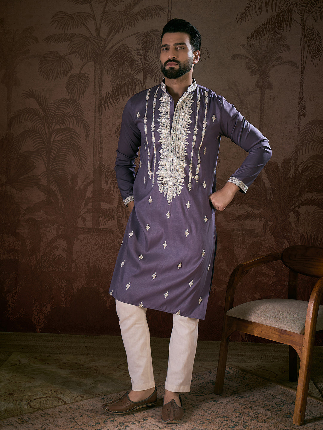 Men Lavender Silk Blend Solid Embroidered Straight Kurta-MKU1792