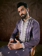 Men Lavender Silk Blend Solid Embroidered Straight Kurta-MKU1792