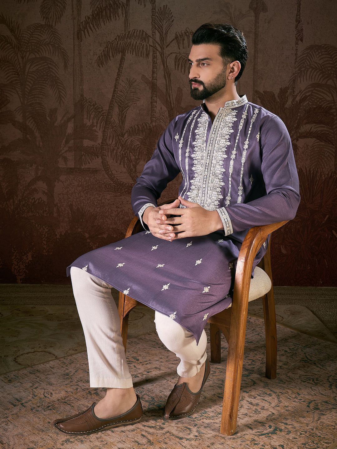 Men Lavender Silk Blend Solid Embroidered Straight Kurta-MKU1792