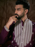 Men Purple Silk Blend Solid Embroidered Straight Kurta-MKU1793