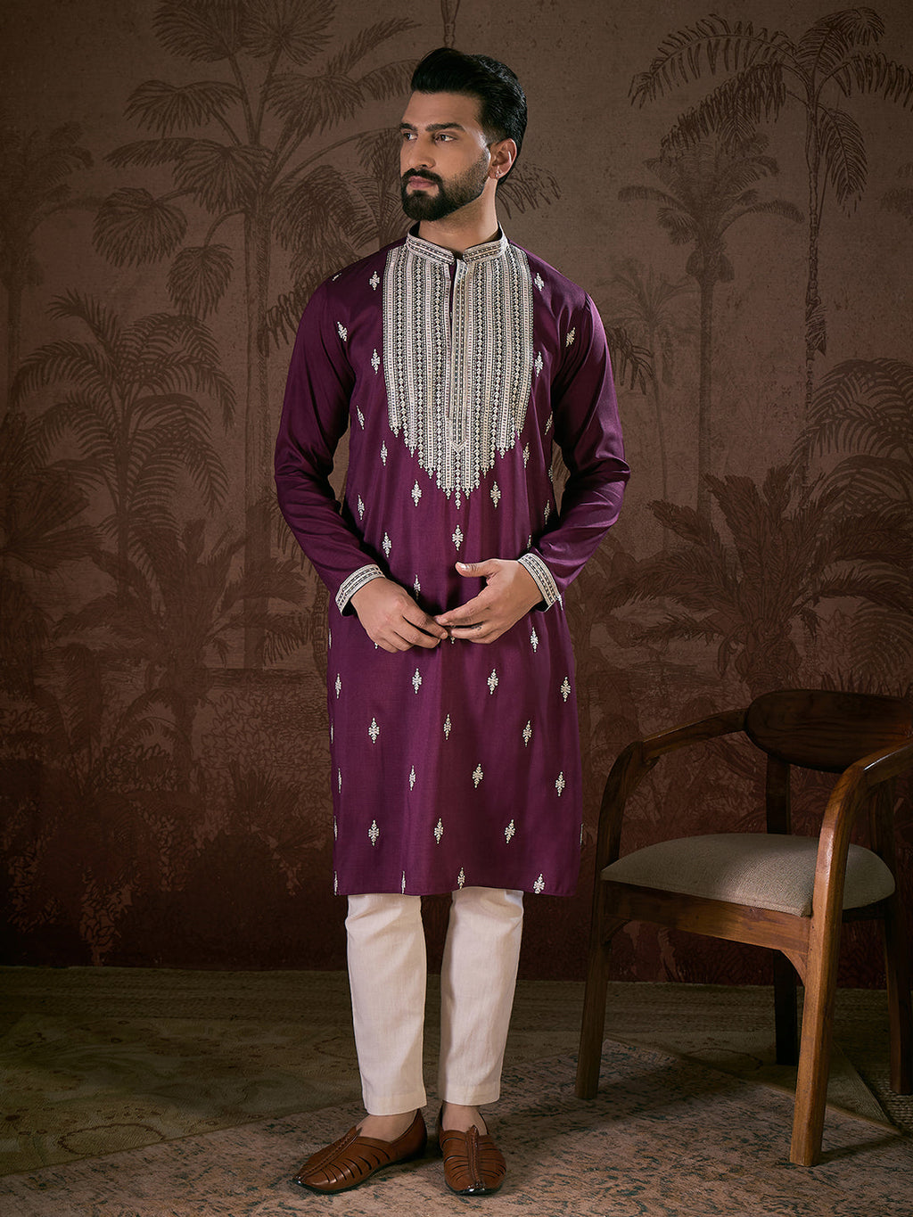 Men Purple Silk Blend Solid Embroidered Straight Kurta-MKU1793