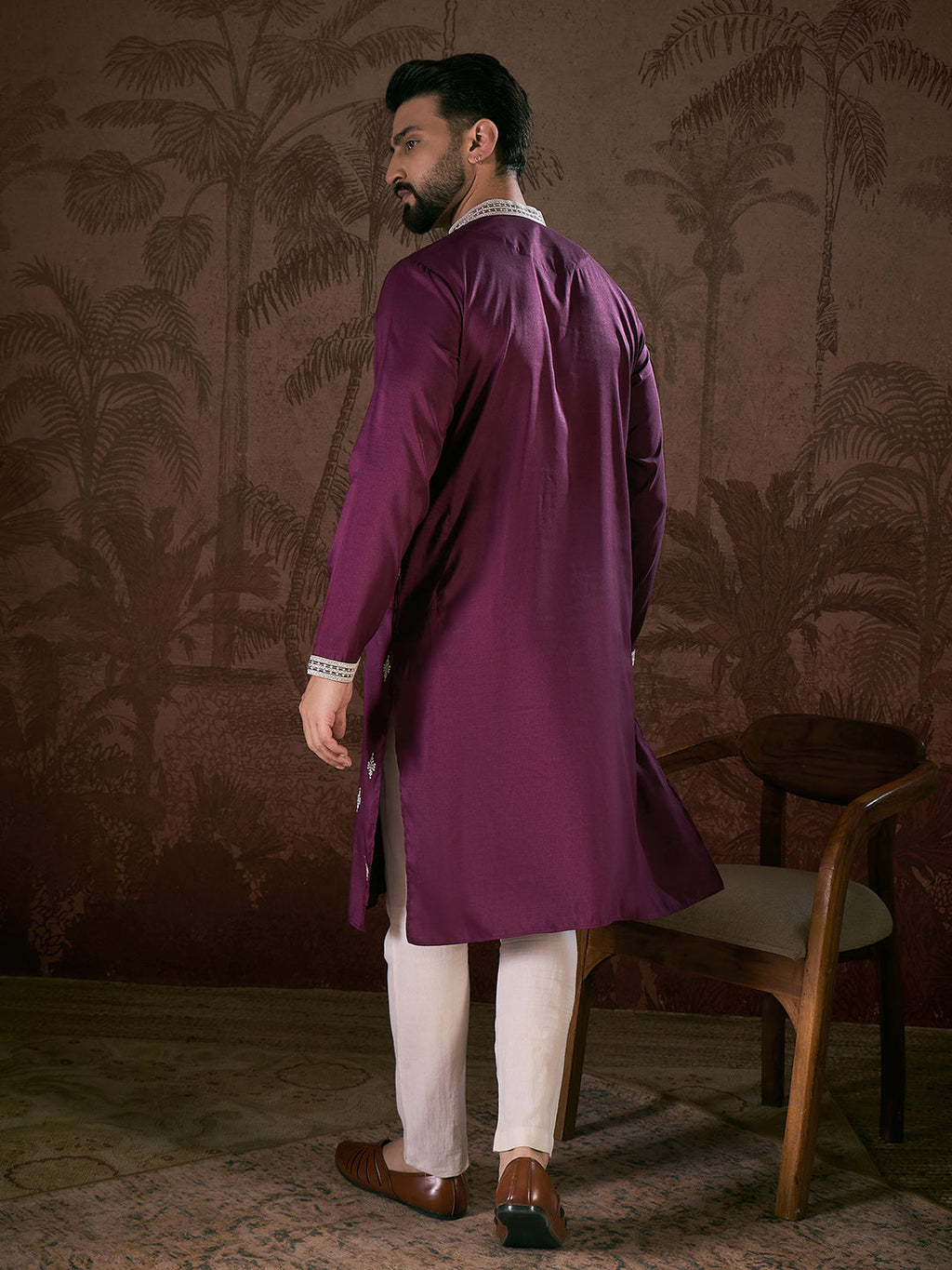 Men Purple Silk Blend Solid Embroidered Straight Kurta-MKU1793