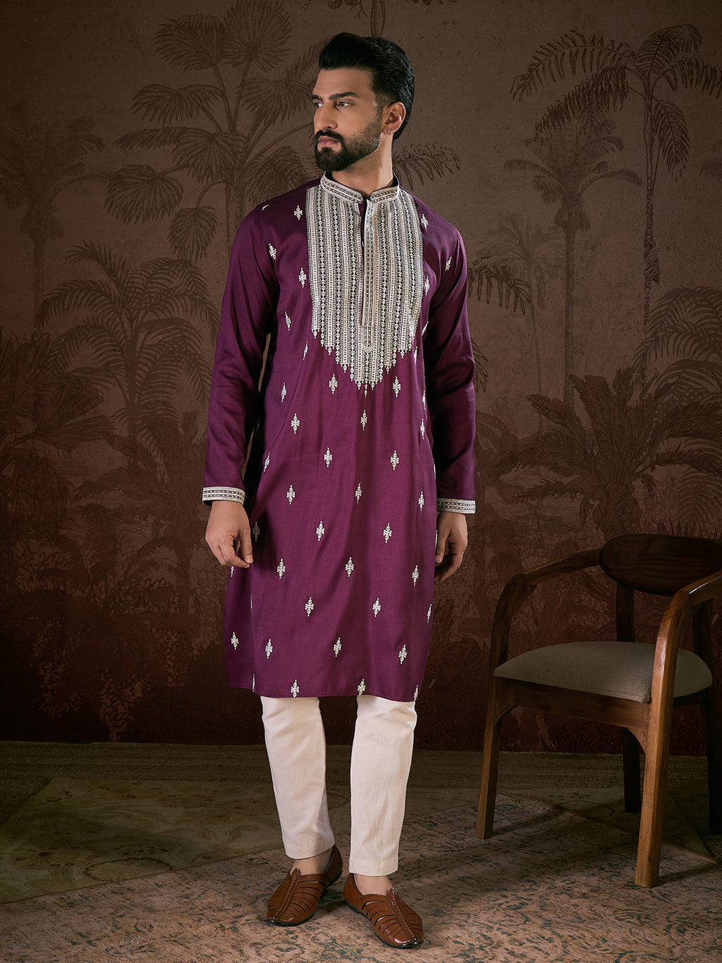 Men Purple Silk Blend Solid Embroidered Straight Kurta-MKU1793