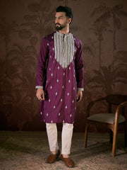 Men Purple Silk Blend Solid Embroidered Straight Kurta-MKU1793