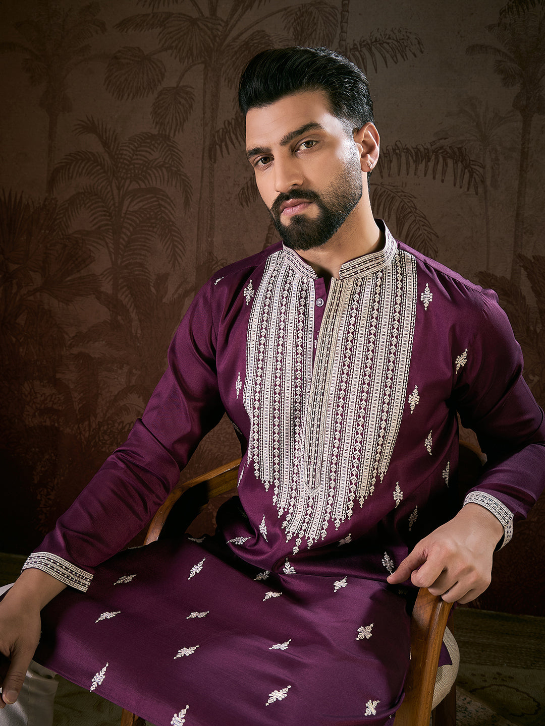 Men Purple Silk Blend Solid Embroidered Straight Kurta-MKU1793