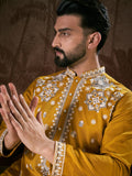 Men Mustard Silk Blend Solid Embroidered Straight Kurta-MKU1796