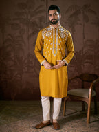 Men Mustard Silk Blend Solid Embroidered Straight Kurta-MKU1796