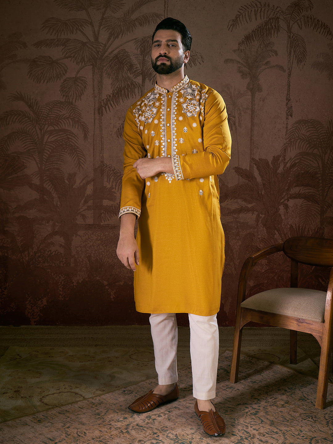 Men Mustard Silk Blend Solid Embroidered Straight Kurta-MKU1796