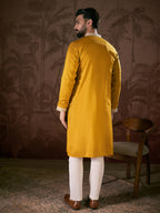Men Mustard Silk Blend Solid Embroidered Straight Kurta-MKU1796