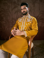 Men Mustard Silk Blend Solid Embroidered Straight Kurta-MKU1796