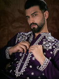 Men Purple Silk Blend Solid Embroidered Straight Kurta-MKU1797